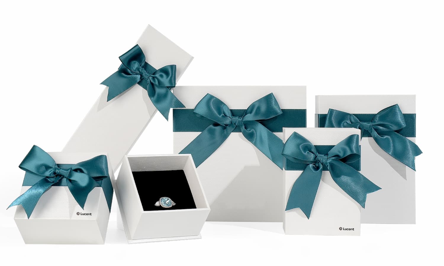 Serena white jewelry box with teal ribbon